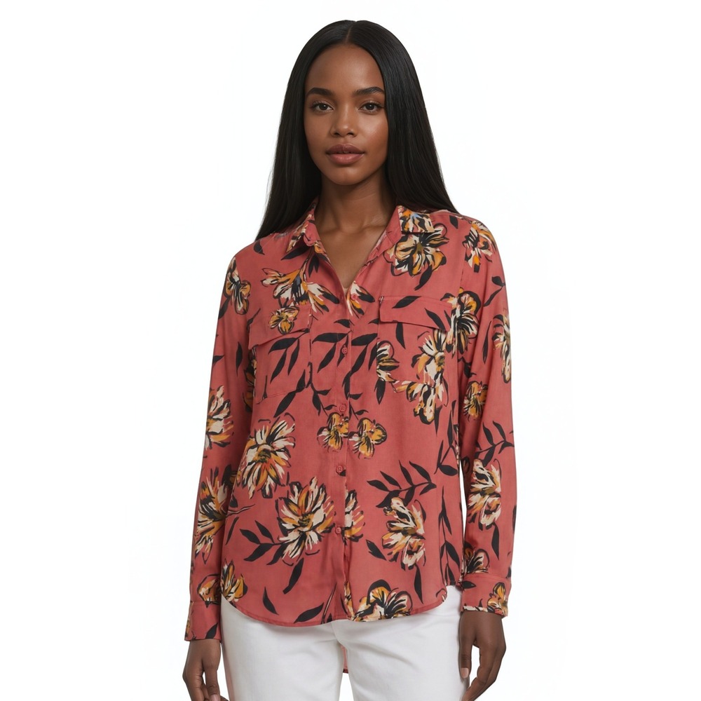 New Madison Blouse Women's Size 2X Terracotta Coral Floral Button Front Top